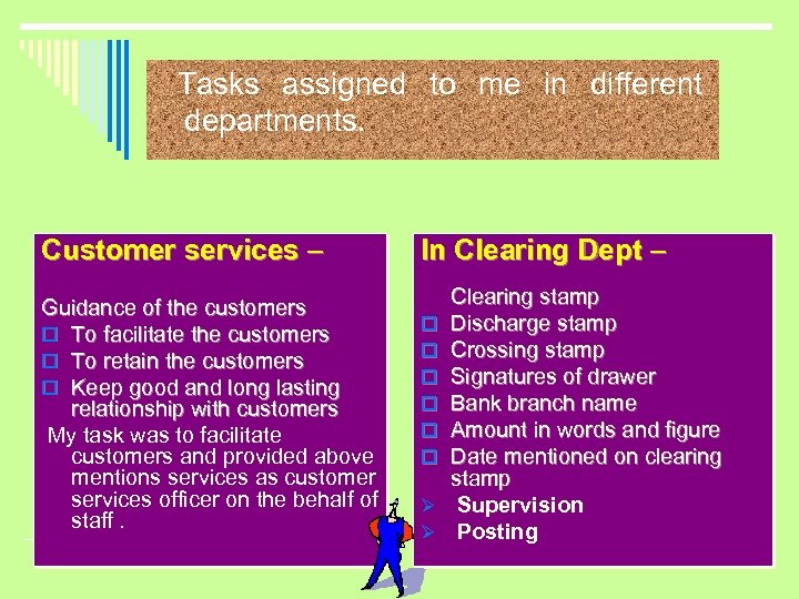 Tasks assigned to me in different departments. Customer services – Guidance of the customers