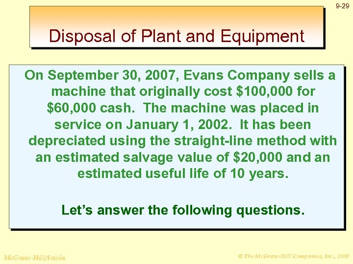 9 -29 Disposal of Plant and Equipment On September 30, 2007, Evans Company sells