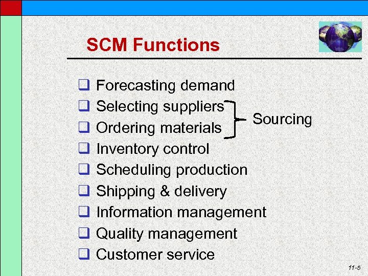 SCM Functions q q q q q Forecasting demand Selecting suppliers Sourcing Ordering materials