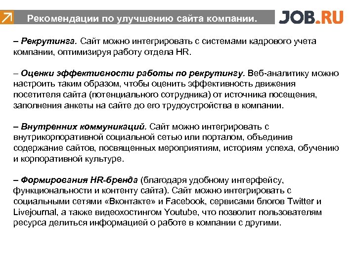  Рекомендации по улучшению сайта компании. – Рекрутинга. Сайт можно интегрировать с системами кадрового