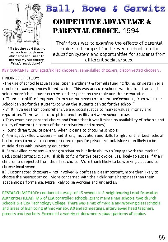 Ball, Bowe & Gerwitz. competitive advantage & parental choice. 1994. “My teacher said that