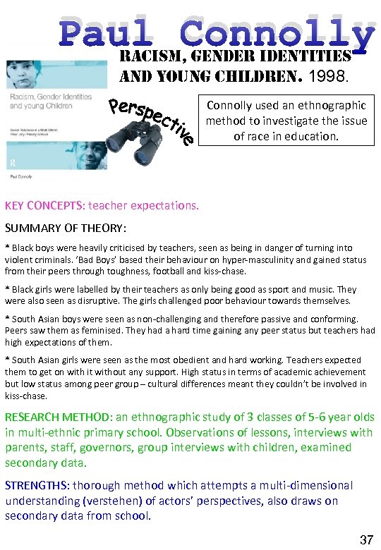 Paul Connolly racism, gender identities and young children. 1998. Connolly used an ethnographic method