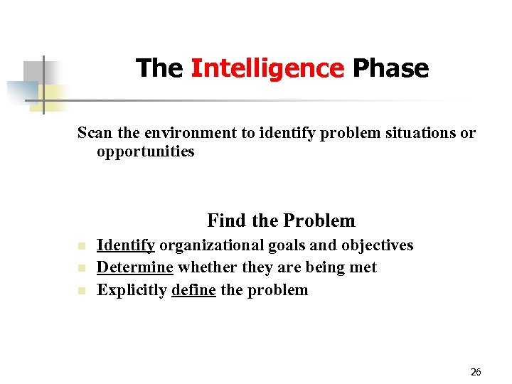 The Intelligence Phase Scan the environment to identify problem situations or opportunities Find the