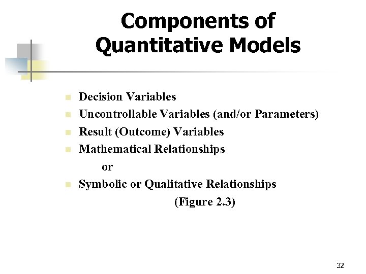 Components of Quantitative Models n n n Decision Variables Uncontrollable Variables (and/or Parameters) Result