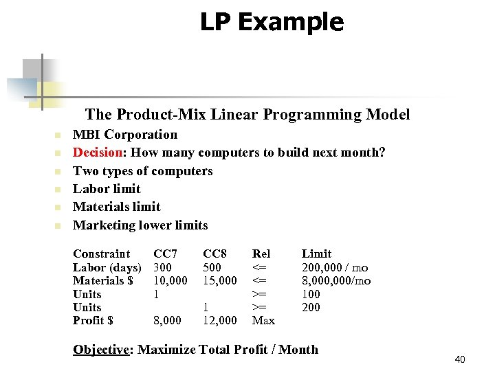 LP Example The Product-Mix Linear Programming Model n n n MBI Corporation Decision: How