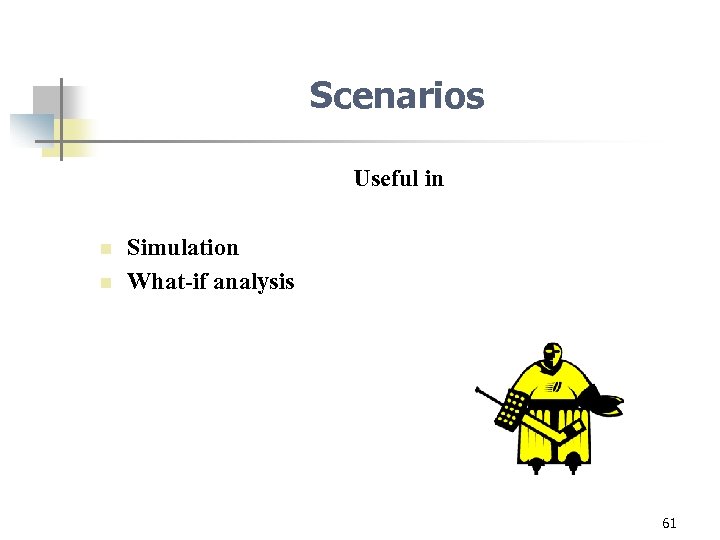 Scenarios Useful in n n Simulation What-if analysis 61 