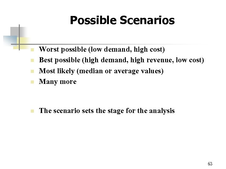 Possible Scenarios n Worst possible (low demand, high cost) Best possible (high demand, high