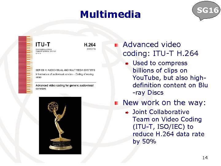 Multimedia SG 16 Advanced video coding: ITU-T H. 264 Used to compress billions of