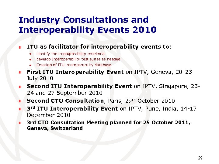 Industry Consultations and Interoperability Events 2010 ITU as facilitator for interoperability events to: identify