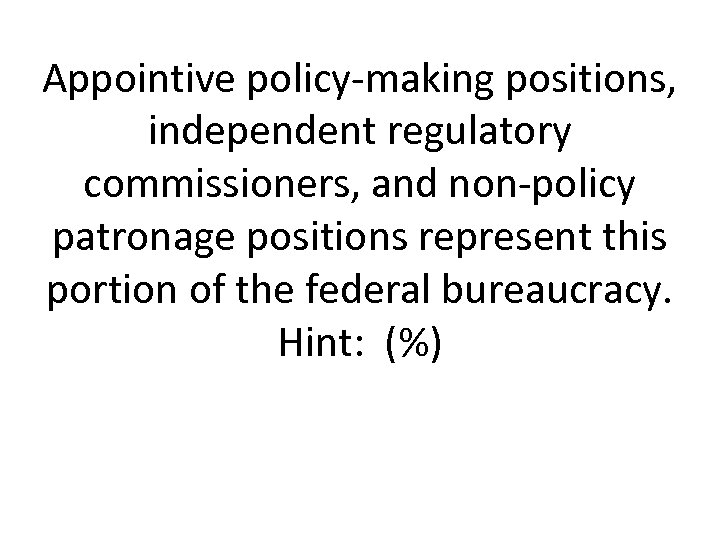 Appointive policy-making positions, independent regulatory commissioners, and non-policy patronage positions represent this portion of