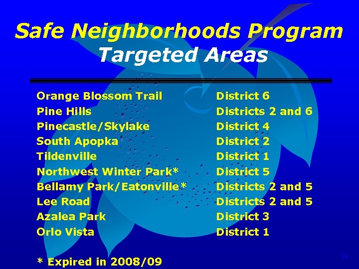 Safe Neighborhoods Program Targeted Areas Orange Blossom Trail Pine Hills Pinecastle/Skylake South Apopka Tildenville