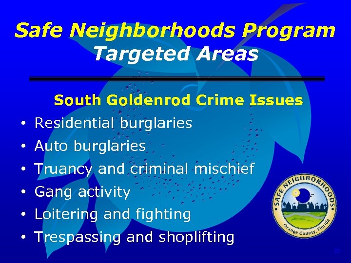 Safe Neighborhoods Program Targeted Areas South Goldenrod Crime Issues • Residential burglaries • Auto