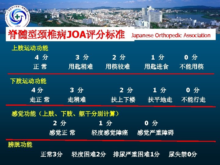 脊髓型颈椎病JOA评分标准 Japanese Orthopedic Association 上肢运动功能 4 分 3 分 2 分 1 分 0