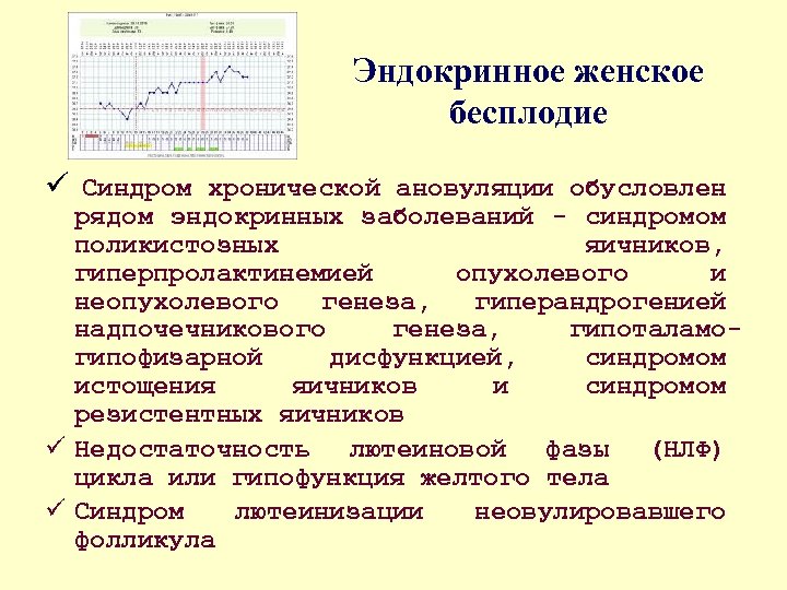 Эндокринное женское бесплодие ü Синдром хронической ановуляции обусловлен рядом эндокринных заболеваний синдромом поликистозных яичников,