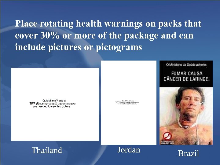 Place rotating health warnings on packs that cover 30% or more of the package