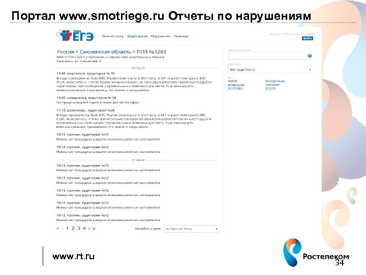 Портал www. smotriege. ru Отчеты по нарушениям www. rt. ru 34 
