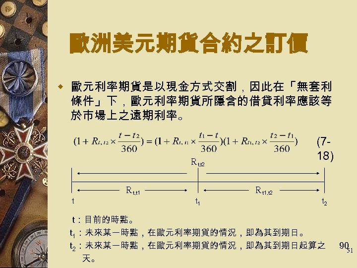 歐洲美元期貨合約之訂價 w 歐元利率期貨是以現金方式交割，因此在「無套利 條件」下，歐元利率期貨所隱含的借貸利率應該等 於市場上之遠期利率。 (718) Ｒt, t 2 Ｒt, t 1 t Ｒt