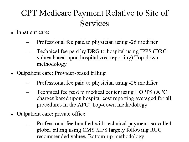 CPT Medicare Payment Relative to Site of Services Inpatient care: – – Professional fee
