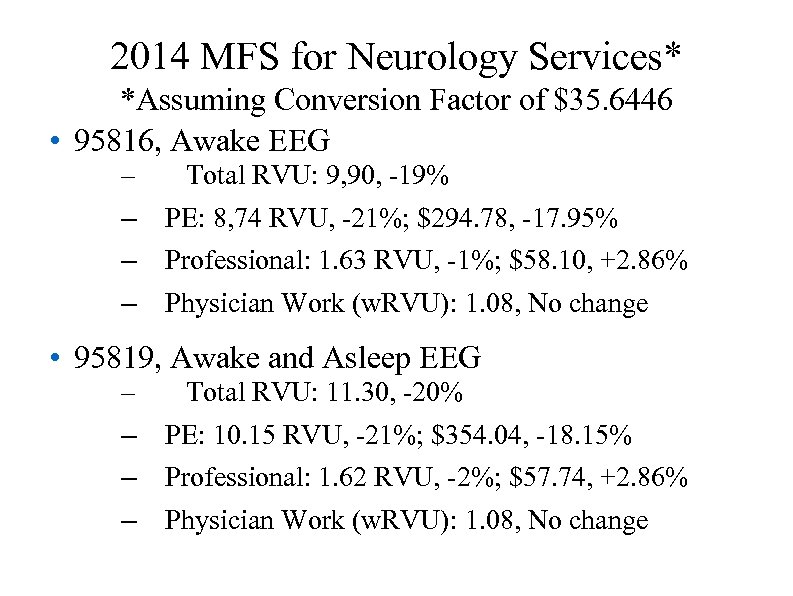 2014 MFS for Neurology Services* *Assuming Conversion Factor of $35. 6446 • 95816, Awake