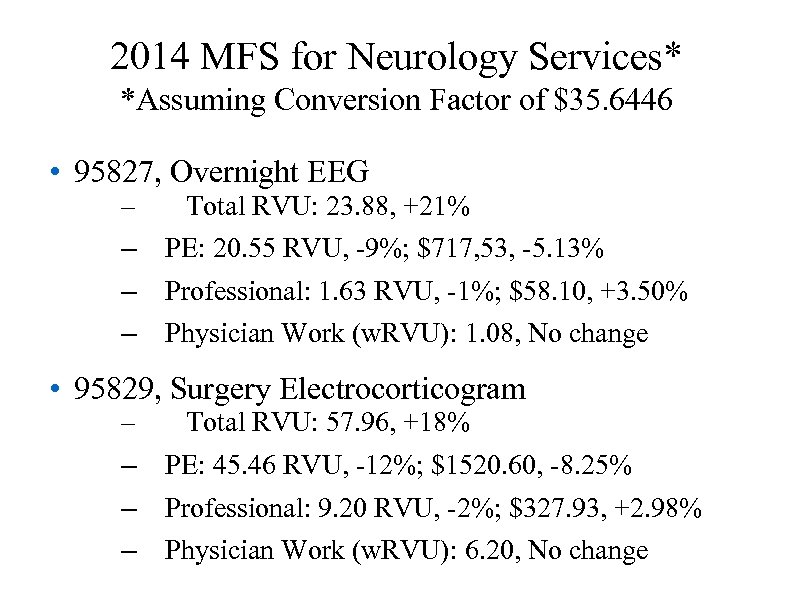 2014 MFS for Neurology Services* *Assuming Conversion Factor of $35. 6446 • 95827, Overnight