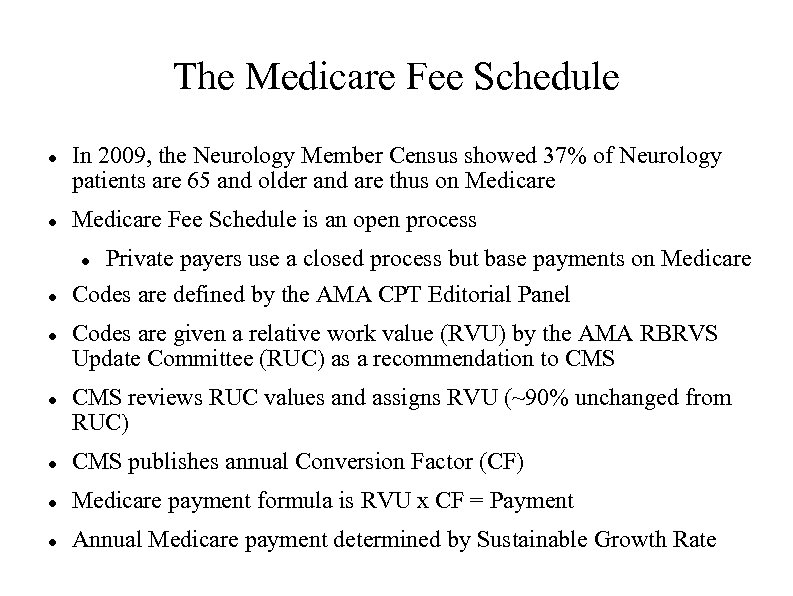 The Medicare Fee Schedule In 2009, the Neurology Member Census showed 37% of Neurology