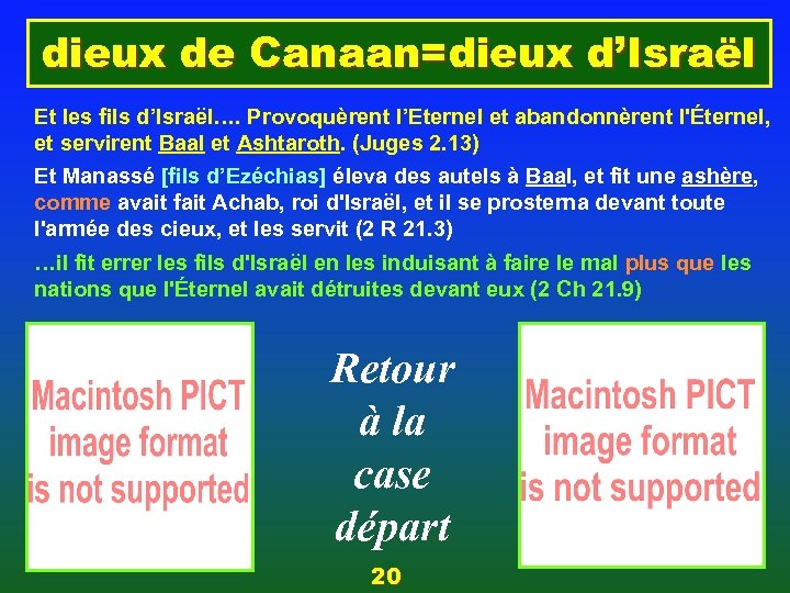 dieux de Canaan=dieux d’Israël Et les fils d’Israël…. Provoquèrent l’Eternel et abandonnèrent l'Éternel, et