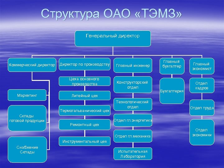 Структура ОАО «ТЭМЗ» Генеральный директор Коммерческий директор Директор по производству Цеха основного производства Маркетинг