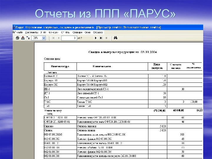 Отчеты из ППП «ПАРУС» 