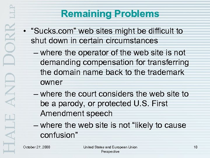 Remaining Problems • “Sucks. com” web sites might be difficult to shut down in