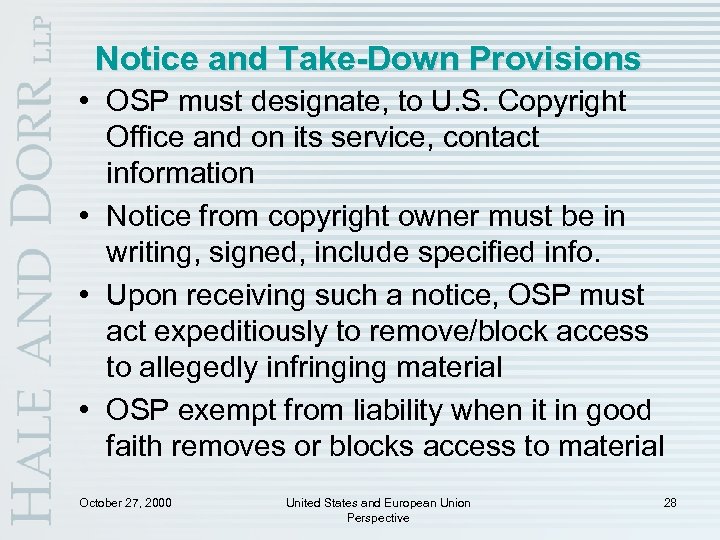 Notice and Take-Down Provisions • OSP must designate, to U. S. Copyright Office and