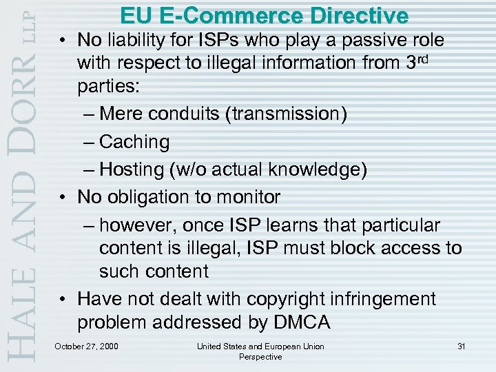 EU E-Commerce Directive • No liability for ISPs who play a passive role with