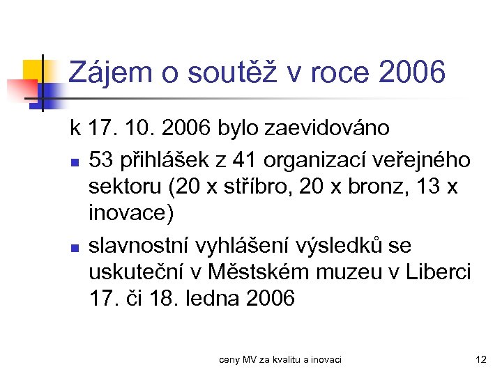 Zájem o soutěž v roce 2006 k 17. 10. 2006 bylo zaevidováno n 53