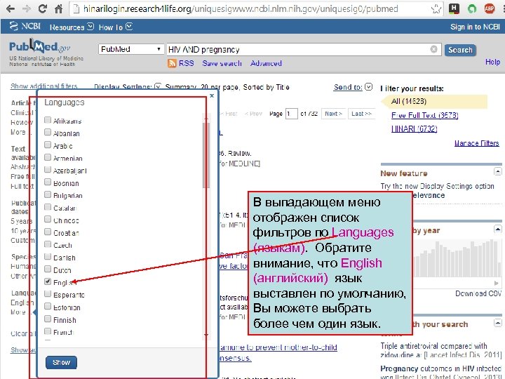В выпадающем меню отображен список фильтров по Languages (языкам). Обратите внимание, что English (английский)