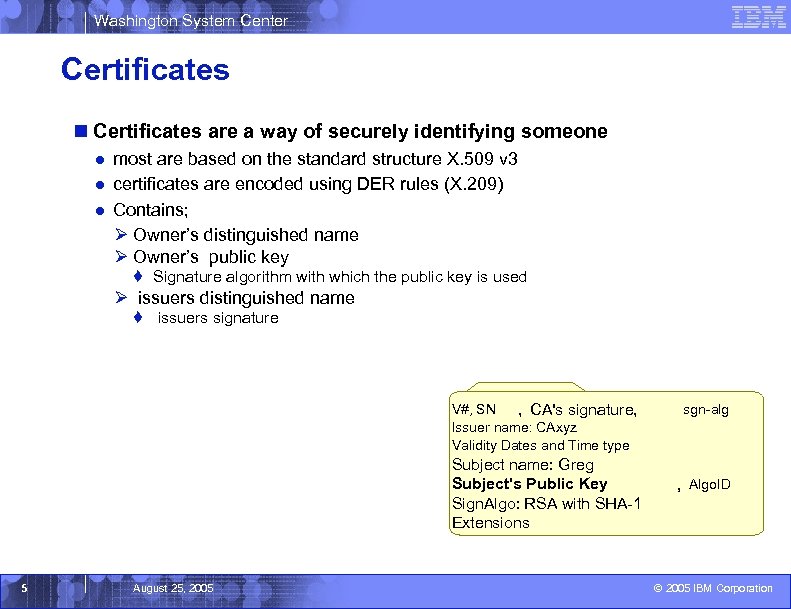 Washington System Center Certificates n Certificates are a way of securely identifying someone ●
