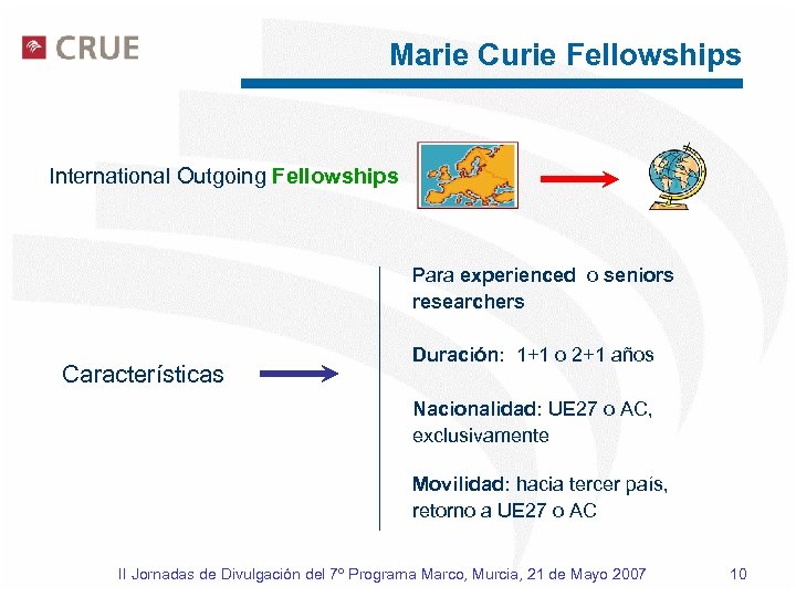 Marie Curie Fellowships International Outgoing Fellowships Para experienced o seniors researchers Características Duración: 1+1