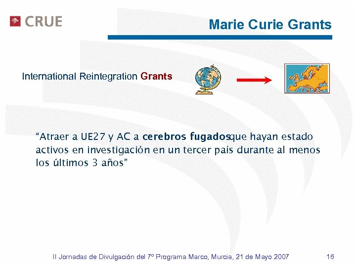 Marie Curie Grants International Reintegration Grants “Atraer a UE 27 y AC a cerebros