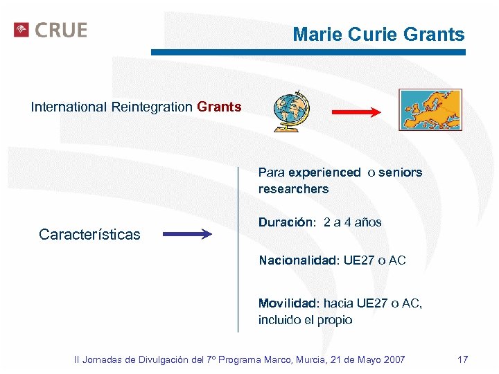 Marie Curie Grants International Reintegration Grants Para experienced o seniors researchers Características Duración: 2