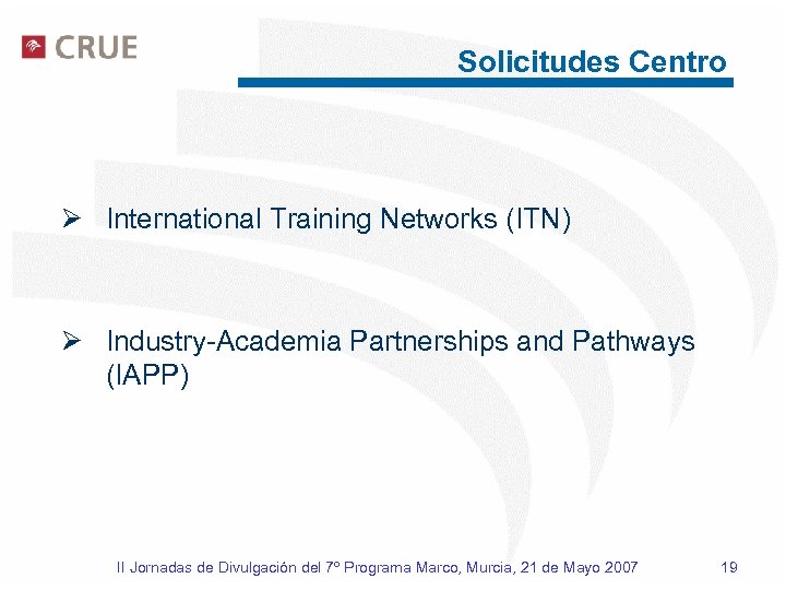 Solicitudes Centro Ø International Training Networks (ITN) Ø Industry-Academia Partnerships and Pathways (IAPP) II