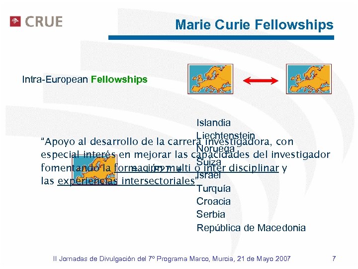 Marie Curie Fellowships Intra-European Fellowships Islandia Liechtenstein “Apoyo al desarrollo de la carrera investigadora,
