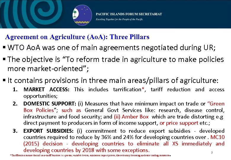 Agreement on Agriculture (Ao. A): Three Pillars § WTO Ao. A was one of