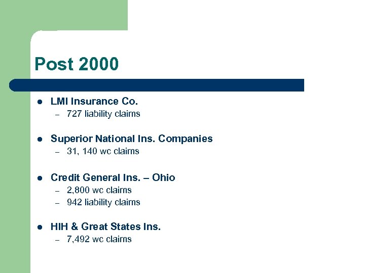 Post 2000 l LMI Insurance Co. – l Superior National Ins. Companies – l