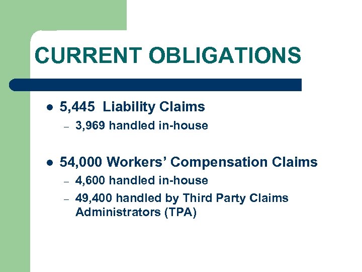CURRENT OBLIGATIONS l 5, 445 Liability Claims – l 3, 969 handled in-house 54,