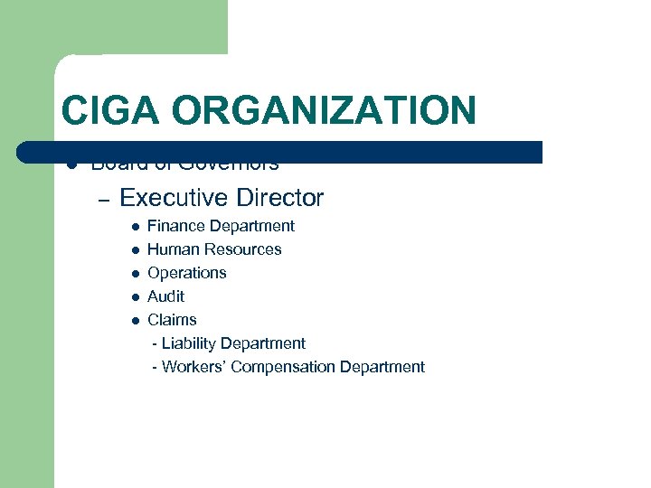 CIGA ORGANIZATION l Board of Governors – Executive Director l l l Finance Department