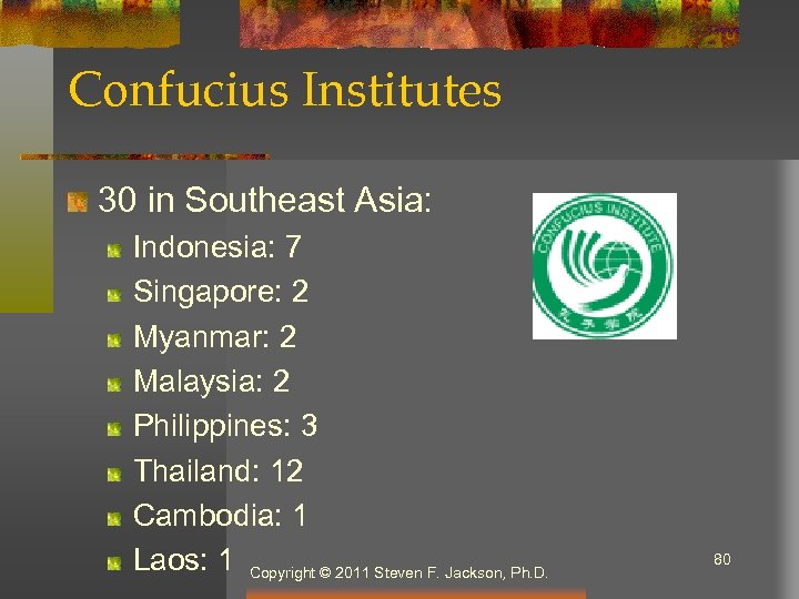 Confucius Institutes 30 in Southeast Asia: Indonesia: 7 Singapore: 2 Myanmar: 2 Malaysia: 2