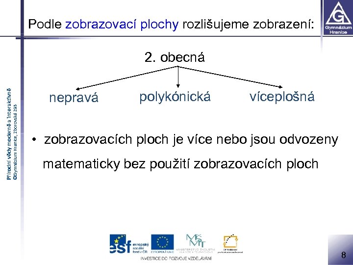 Podle zobrazovací plochy rozlišujeme zobrazení: ©Gymnázium Hranice, Zborovská 293 Přírodní vědy moderně a interaktivně