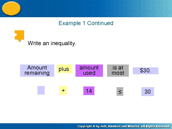 Example 1 Continued Write an inequality. Amount remaining plus amount used + 14 is