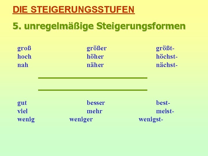 DIE STEIGERUNGSSTUFEN 5. unregelmäßige Steigerungsformen groß hoch nah gut viel wenig größer höher näher