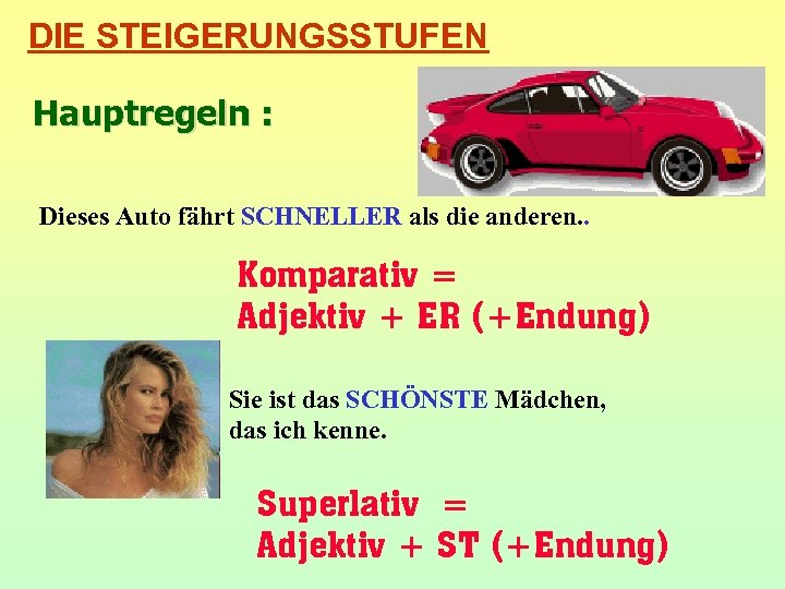 DIE STEIGERUNGSSTUFEN Hauptregeln : Dieses Auto fährt SCHNELLER als die anderen. . Komparativ =