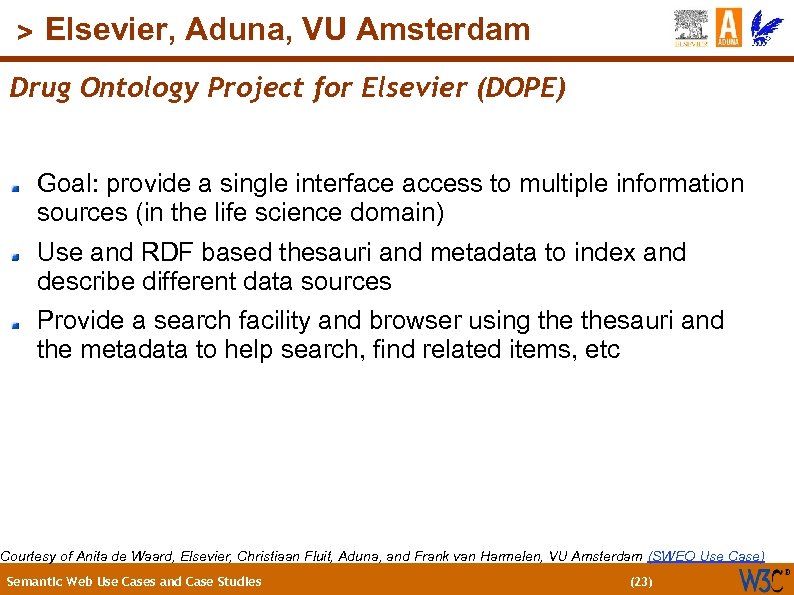 (23) > Elsevier, Aduna, VU Amsterdam Drug Ontology Project for Elsevier (DOPE) Goal: provide