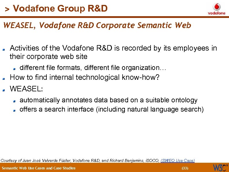 (33) > Vodafone Group R&D WEASEL, Vodafone R&D Corporate Semantic Web Activities of the